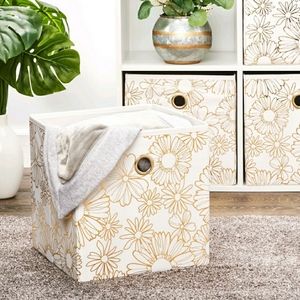 Gorgeous Floral Collapsible Bin | Gold/Cream